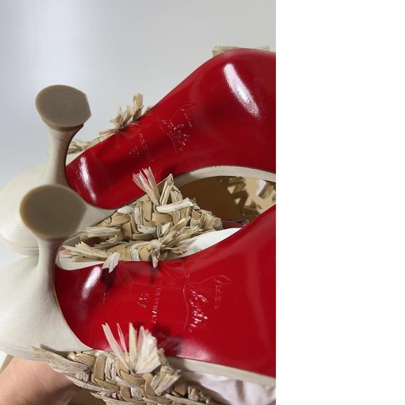 Meroine 85mm raffia Tan Woven fringe heels mules D984 - Picture 7 of 11